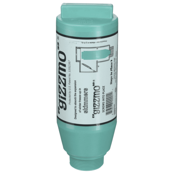 A 9" Regular Gizzmo Pool Skimmer Winter Protector 1.5" MPT bottle with a white label on it.